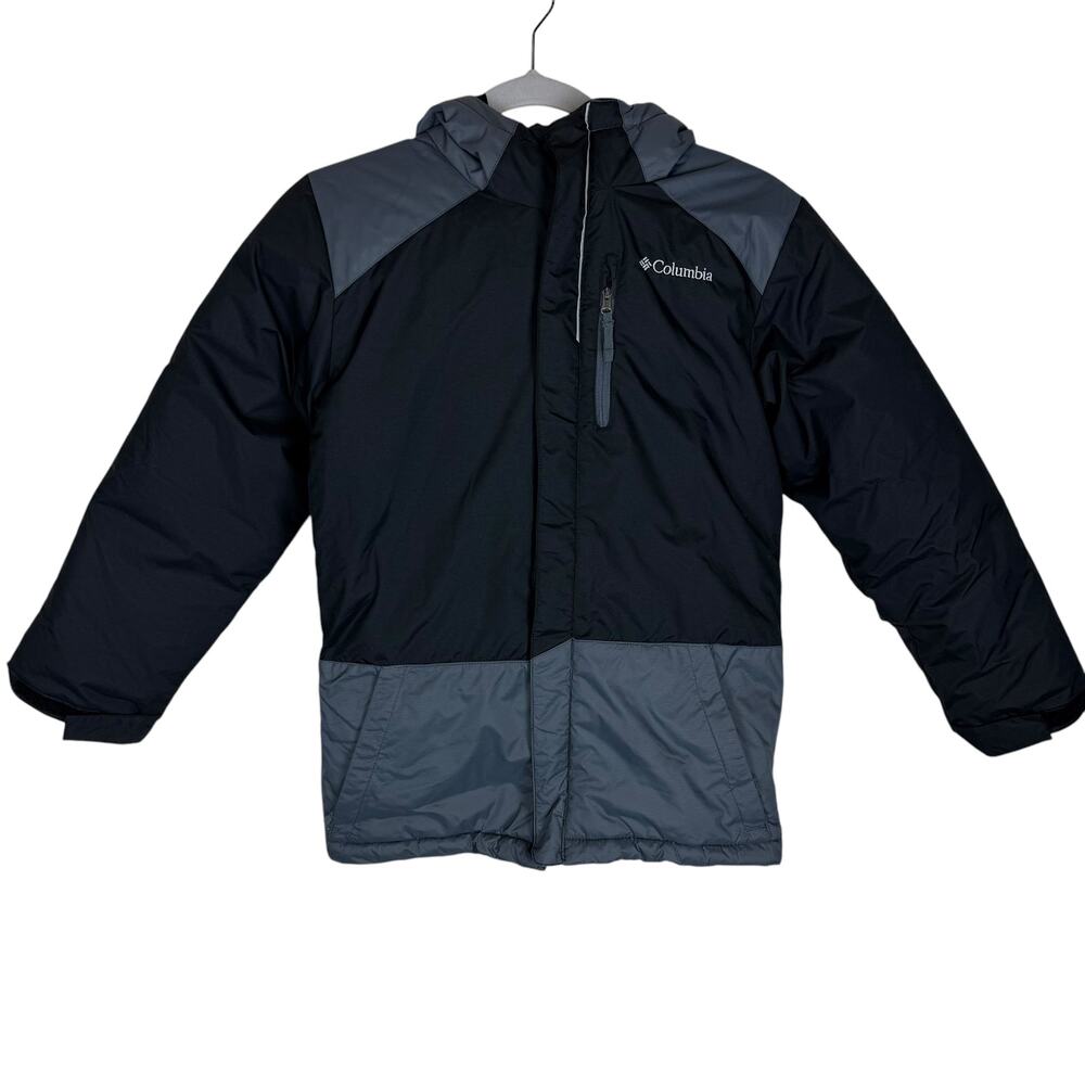 Columbia Jacket Boys Medium Black Gray Nylon Pockets Long Sleeve Full Zip Hooded
